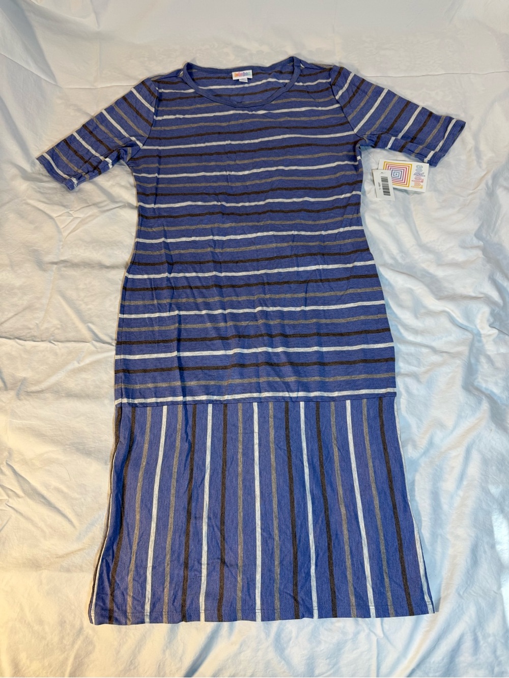 LuLaRoe Julia Blue and Grey Striped Midi T-shirt Dress - NWT size Large